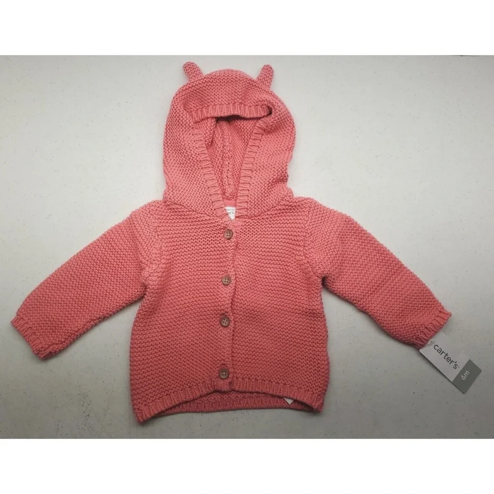 Carter's Girls' Coral Pink Hooded Knit Sweater w/Bear Ears Size 6m NEW!